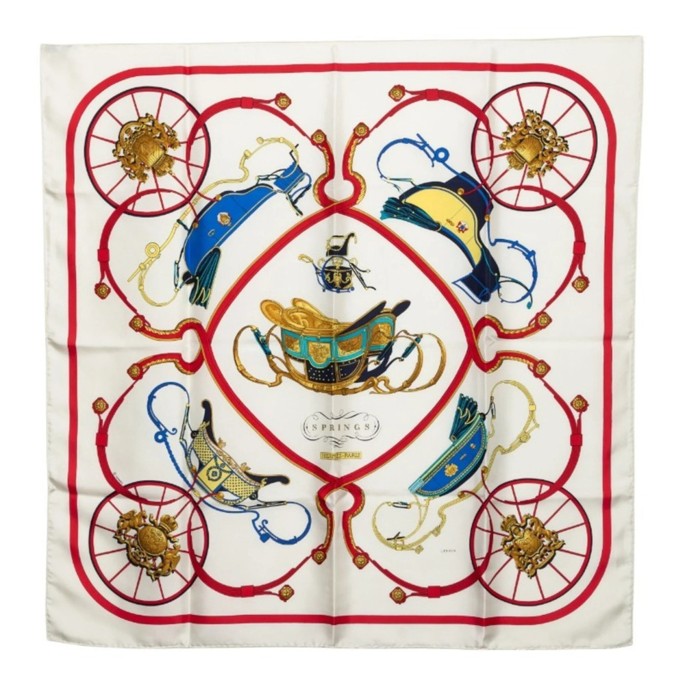 Hermes Carre 90 Springs Scarf/Muffler, Large Size, White/Multicolor Silk, Wom...